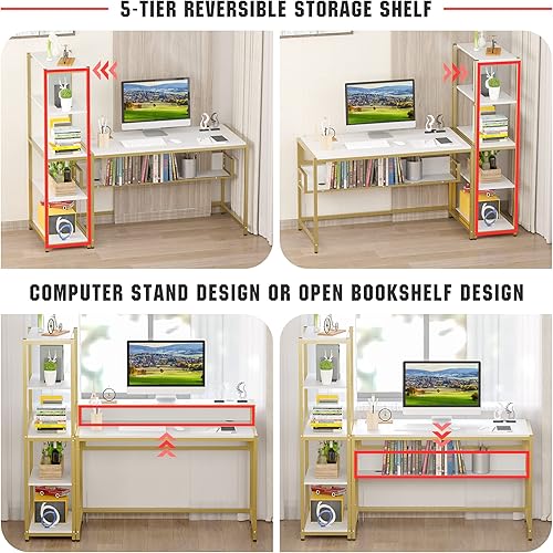 Miniatura 5 de Teraves Escritorio para computadora con estantes de 5 niveles escritorio reversible con almacenamiento mesa de estudio de 47 pulgadas para oficina