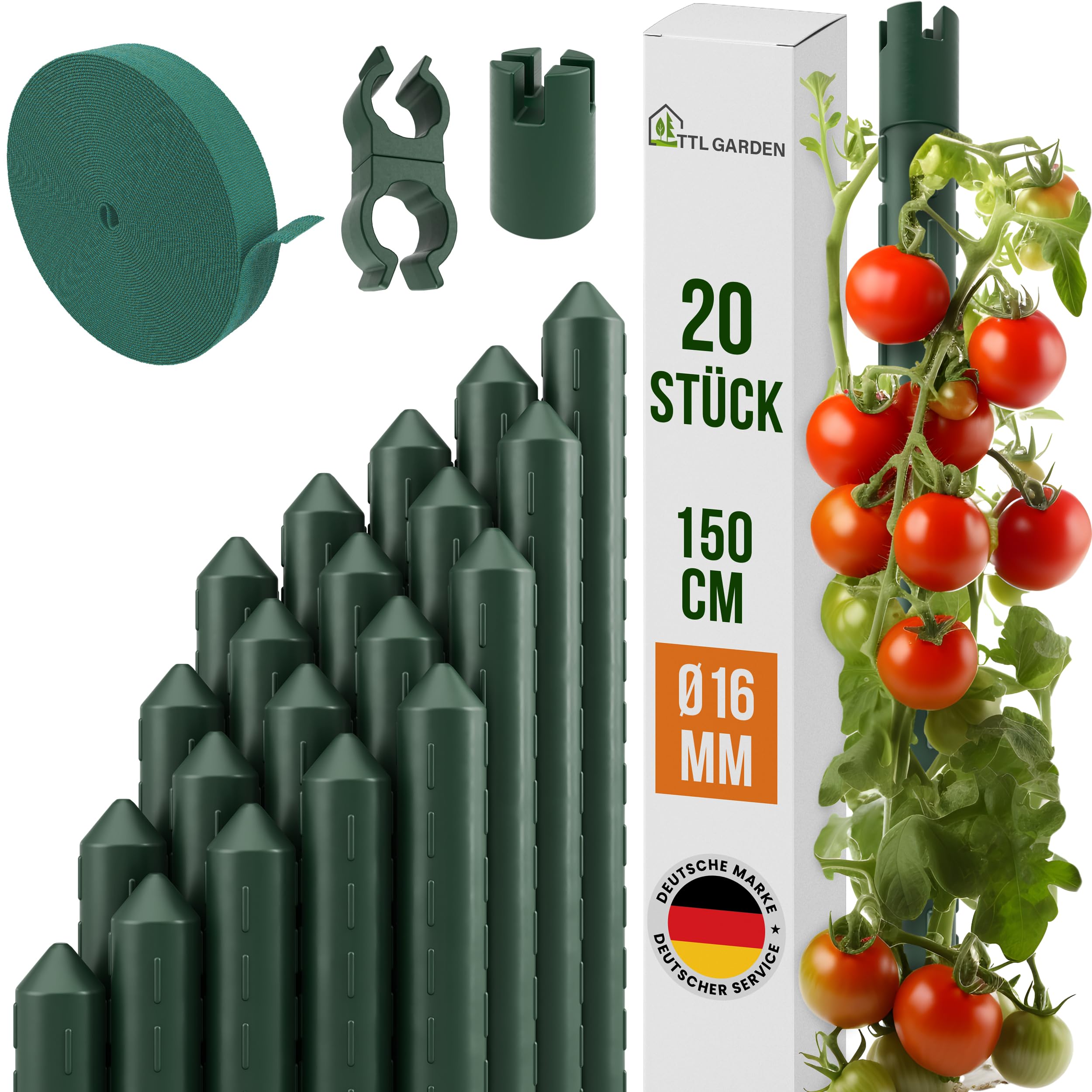 TTL GARDEN Set di 20 bastoncini per piante rampicanti, 150 cm x 16 mm, Ø verde, extra stabili da 16 mm, velcro + clip in acciaio inossidabile rivestito in plastica, supporto per piante e pomodori