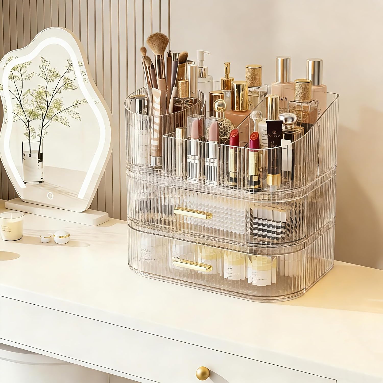 Makeup Organizer with 360 Rotating Brush Holder and Stackable Drawers, Cosmetic Display Case for Vanity, Bathroom Countertop (Clear, 3 Layer)
