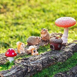 Fairy Garden Accessories, 7 Pieces Squirrel & Hedgehog Resin Figures with Acorn & Mushroom,