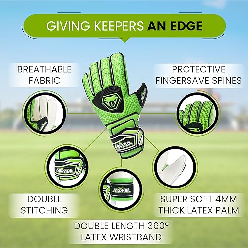 Miniatura 2 de MAMBA Guantes de portero para jóvenes y adultos, palma de látex de alta calidad y mano trasera protección de la columna vertebral del dedo y pulsera