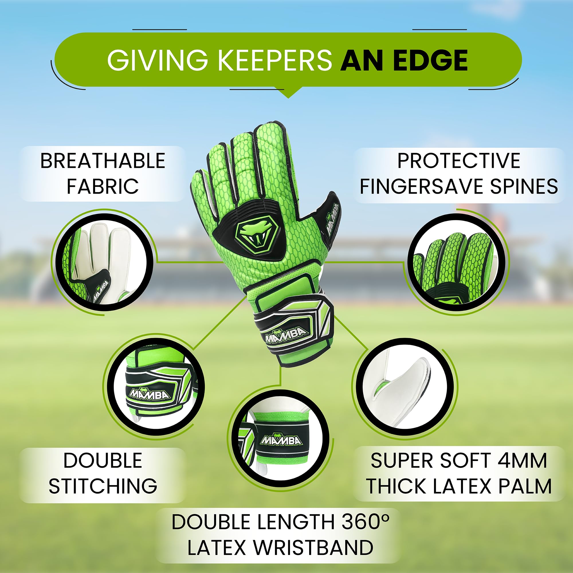 MAMBA Goalkeeper Gloves, Green, 7 UK - Image 2