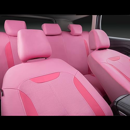 Miniatura 8 de CAR PASS Juego completo de fundas de asiento de automóvil de cuero rosa, protección de asiento impermeable transpirable de lujo, compatible con