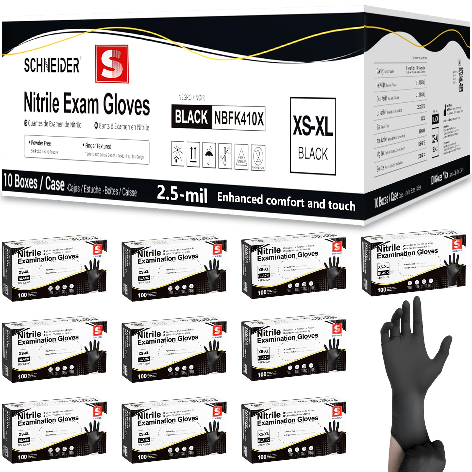 Schneider Black Nitrile Gloves, Gloves Disposable Latex Free, Powder Free