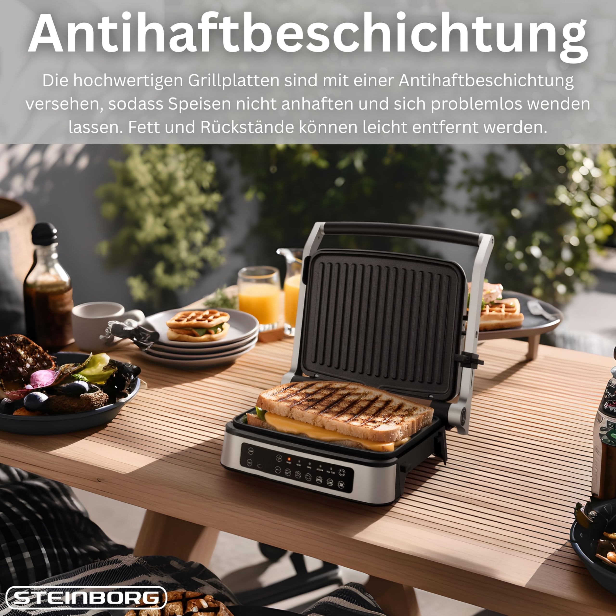 Steinborg® Grill kontaktowy, zdejmowane płyty z ekranem dotykowym, elektryczny grill stołowy i grill panini, rozkładany w zakresie 180°, nieprzywierające płyty grillowe, nadaje się do mycia w zmywarce
