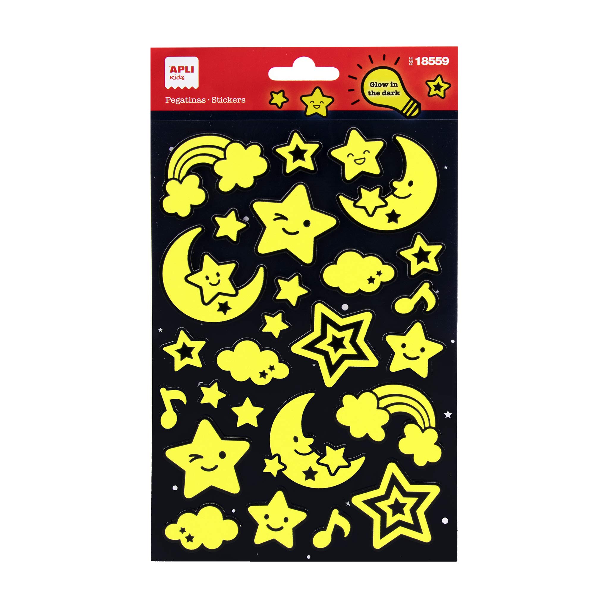 APLI Kids 18559-Pegatinas con Acabado luminiscente Modelo Lunas y Estrellas, Brillan en la Oscuridad. Incluye 1 Hoja con 26 Pegatinas de Adhesivo Permanente (18559)