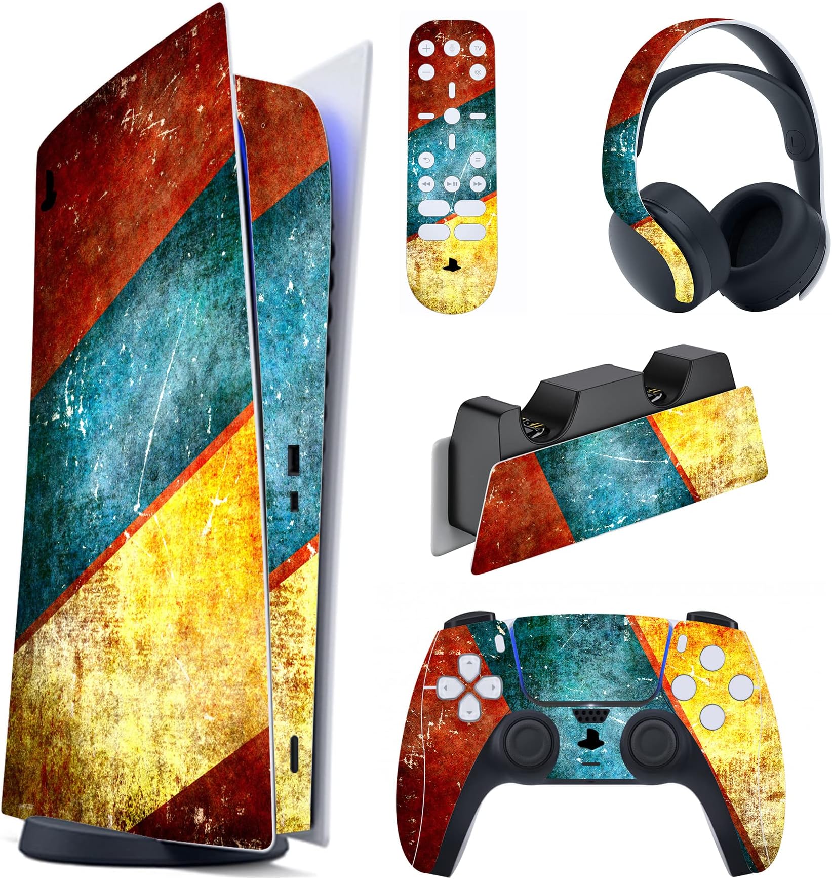 Aging Full Set Skin Decal for ps5 Console Digital Edition, Sticker Vinyl Decal Cover for ps5 Controller & Charging Station & Headset & Media Remote