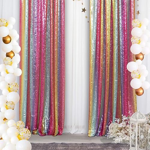 DUOBAO Cortinas de lentejuelas 2 paneles de 2 x 8 pies, cortinas de fondo de lentejuelas con purpurina arcoíris para fiestas de Navidad, cortinas de