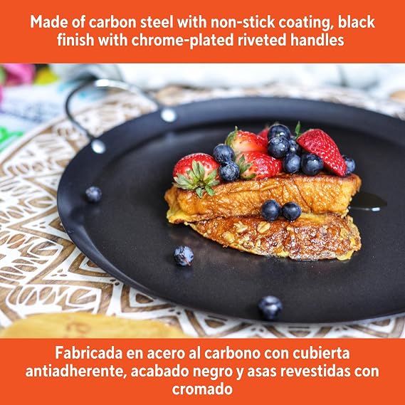 IMUSA 11in Carbon Steel Nonstick Round Comal with Metal Handles, Black