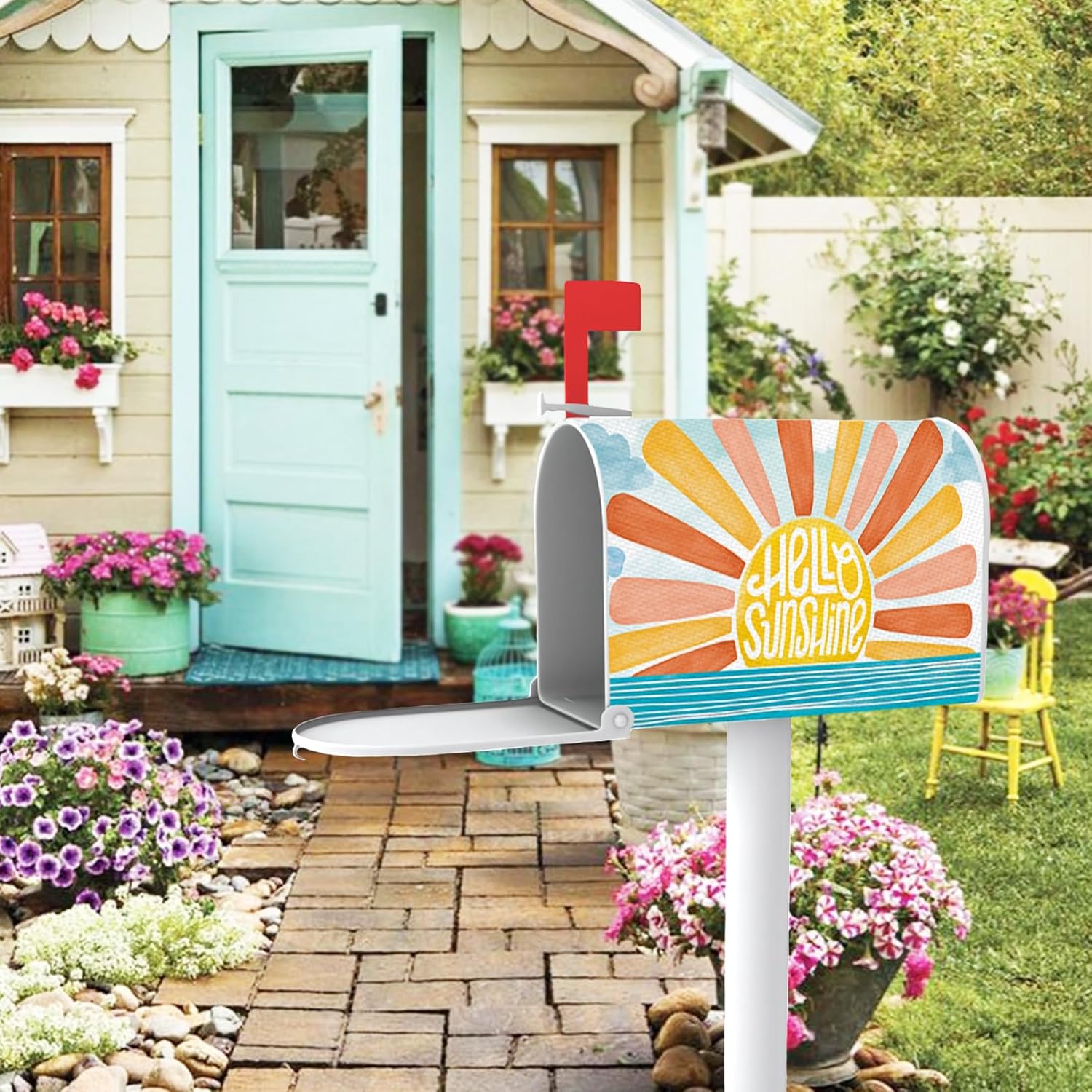 Hello Sunshine Sun Boho Mailbox Cover Magnetic Standard Size 20.5" x 18", Spring Summer Sea Ocean Decorative Post Letter Box Wrap Decor, Bohemian Seasonal Garden Yard Outdoor Decoration