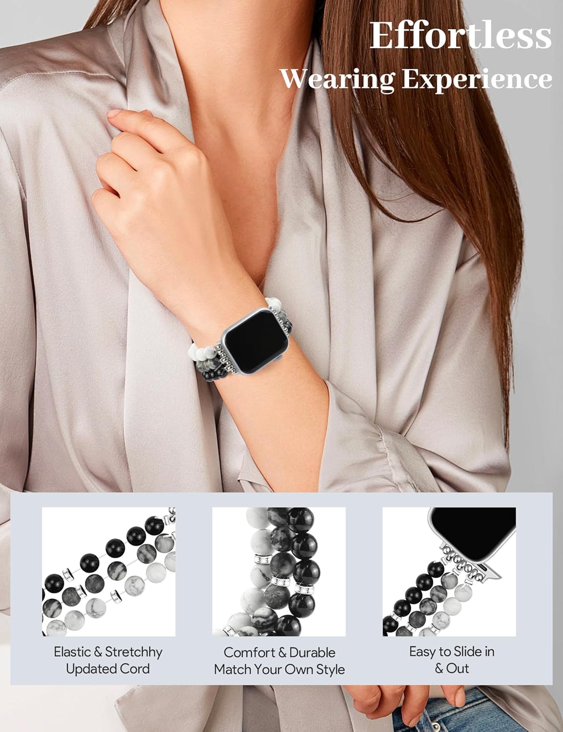 JR.DM Natural Stone Beaded-Bands Women Compatible with Apple Watch Series 11 10 9 8 7 6 5 4 SE 3 2 1 Fashion Stretch Handmade Bracelet Fancy Boho Elastic Strap for iWatch 38/40/41/42mm(S10/11) Gift - Image 7