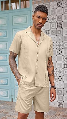 Miniatura 4 de COOFANDY Conjunto corto de 2 piezas para hombre camisa cubana con botones casual pantalones cortos de playa