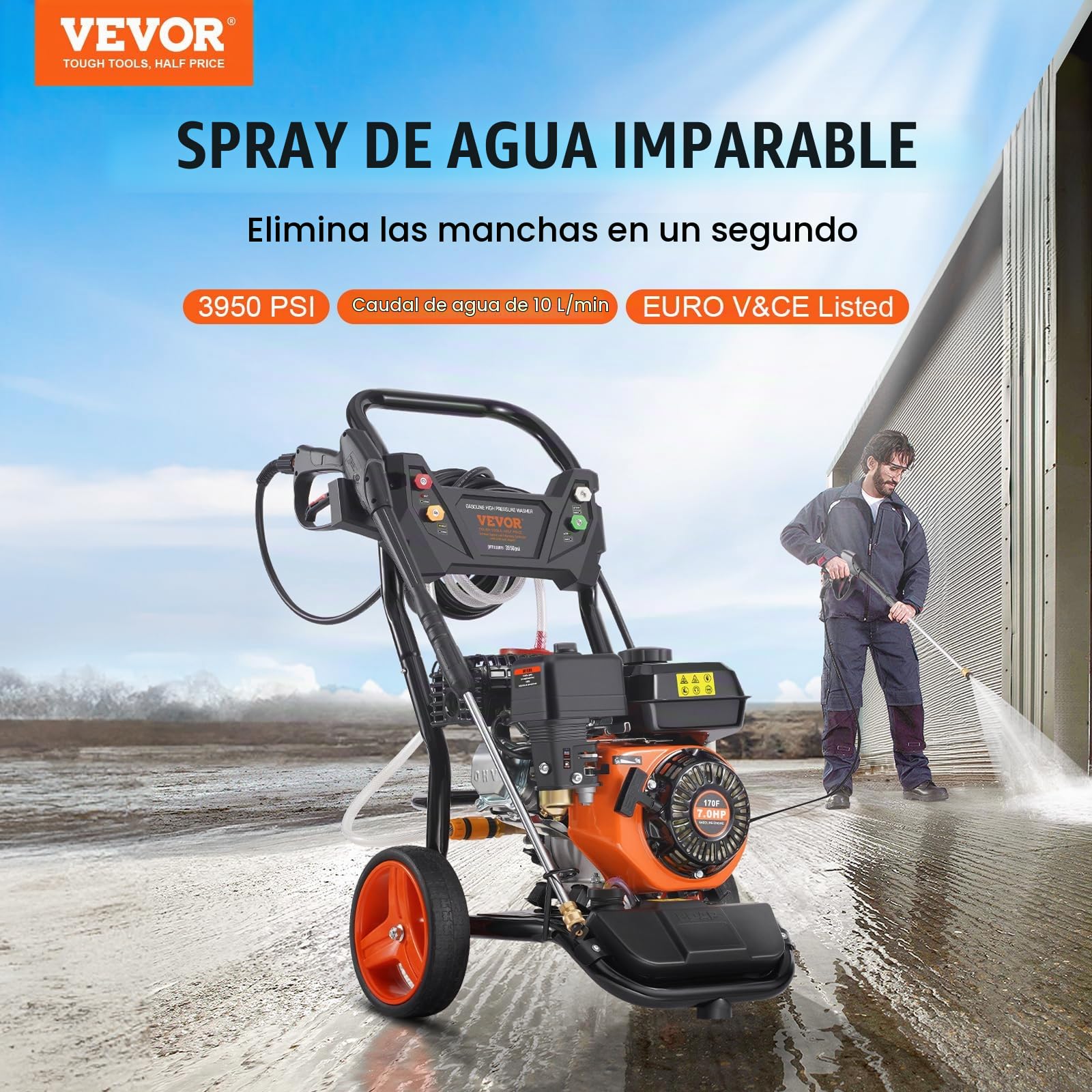 VEVOR Lavadora de Alta Presión a Gas Vertical 3950 PSI 2,6 GPM Limpiador de Alta Presión 10 L/min con Bomba de Cobre, Pistola Rociadora, Varilla de Extensión, 5 Boquillas para Casas, Vehículos