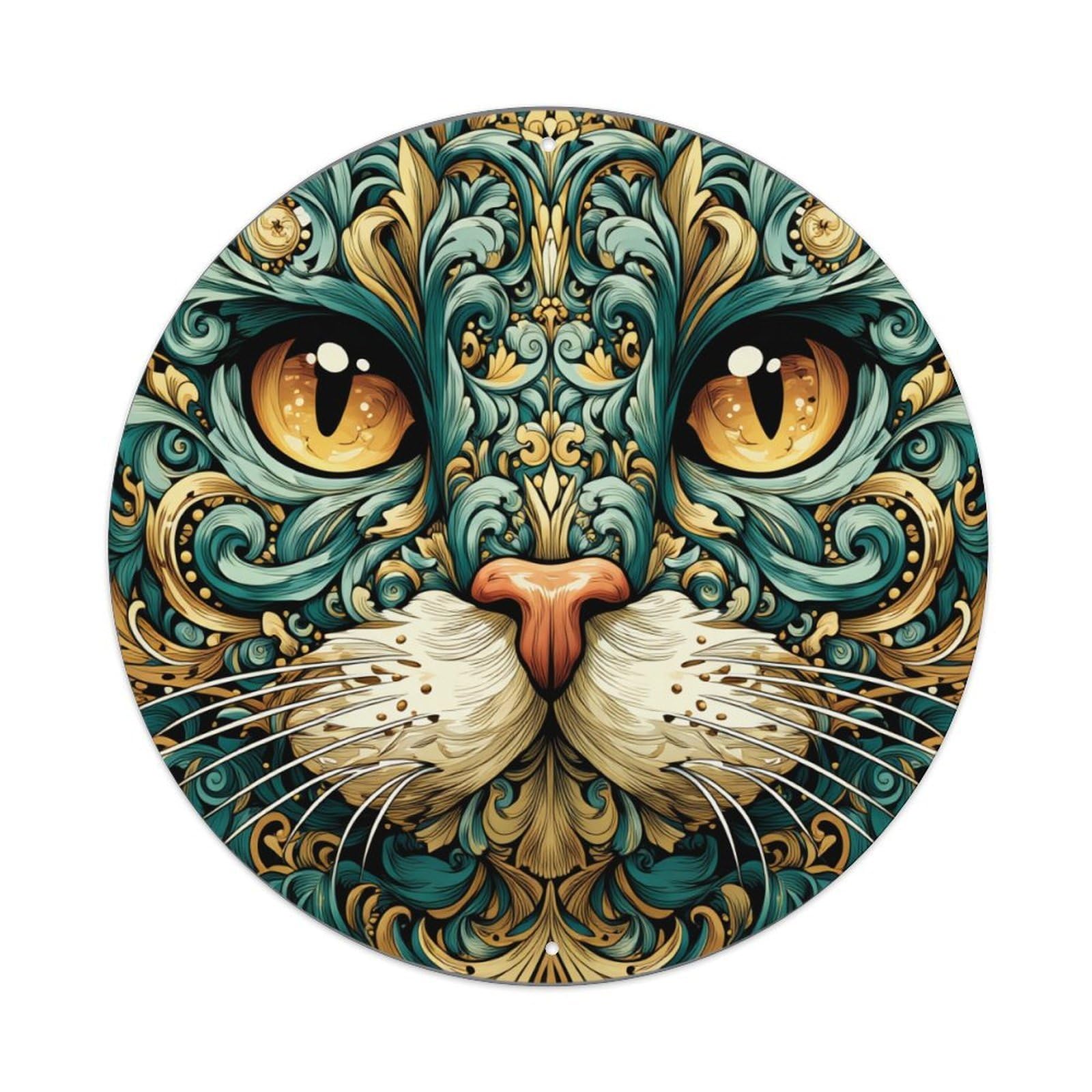 Ornate Cat Face Pattern Art Retro Metal Tin Sign, Vintage Metal Poster for Bar, Home, Man Cave, Kitchen, Laundry Room Art Decor 8x8 Inch