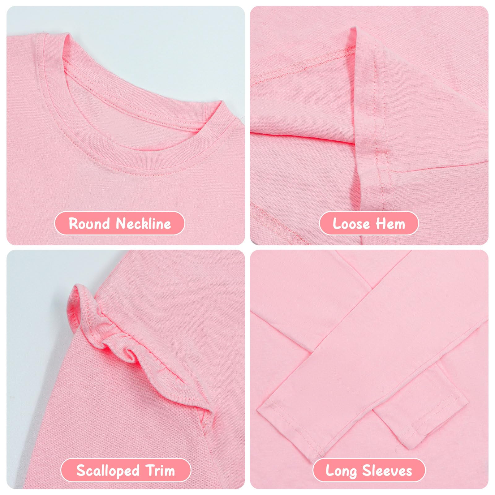 T-Shirt Bambina Ragazze Manica Lunghe Cotone Maglietta con Girocollo Unicolore Arricciate Tee Comoda Casual Base Top Sport Scuola Primavera Autunno Abbigliamento per Ragazza 6-12 Anni