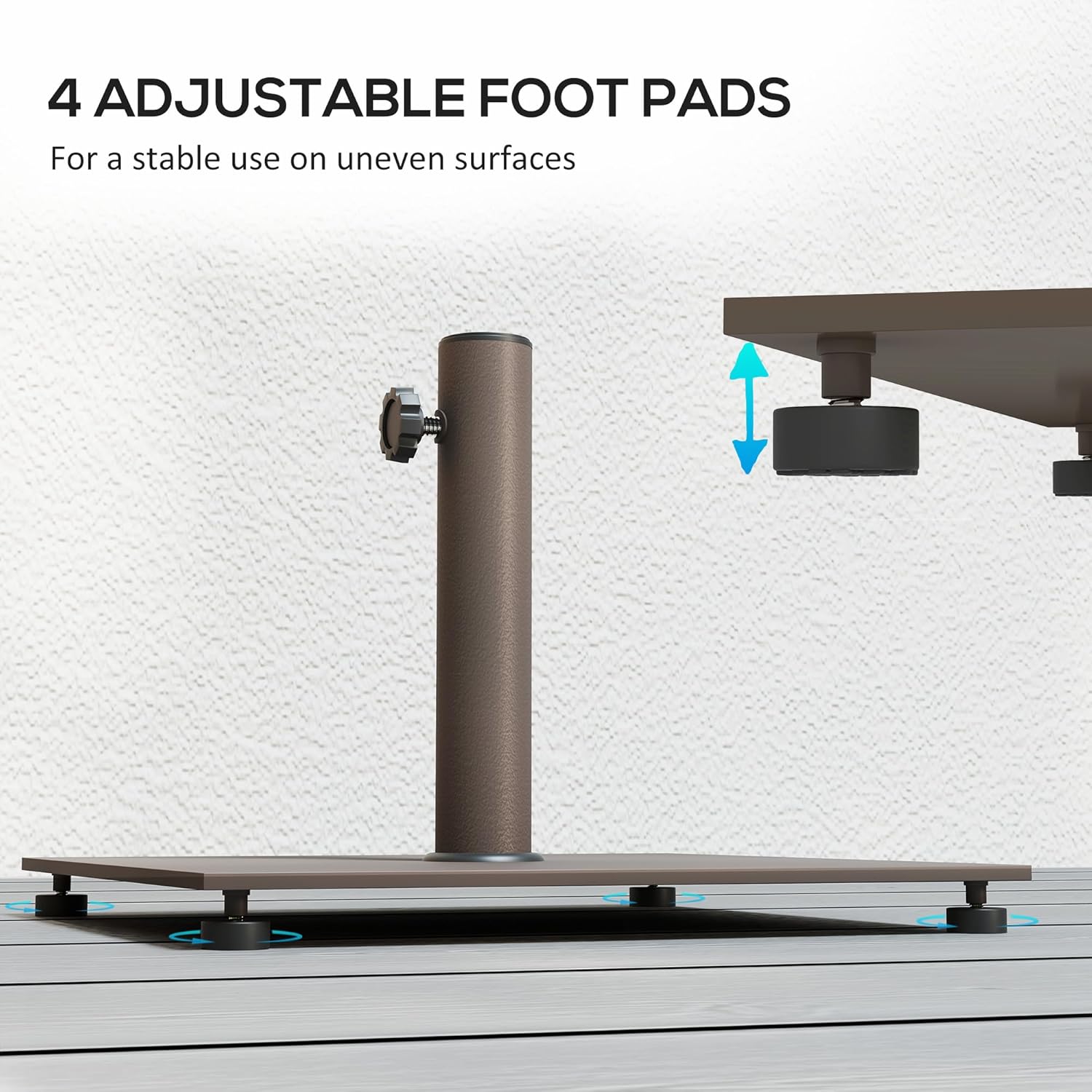 Outsunny Square Patio Umbrella Base, 29 lbs Metal Umbrella Stand Base with Adjustable Foot Pads, Heavy Duty Patio Umbrella Holder for 1.5"/1.9" Umbrella Poles for Outdoor, Lawn, Poolside, Brown