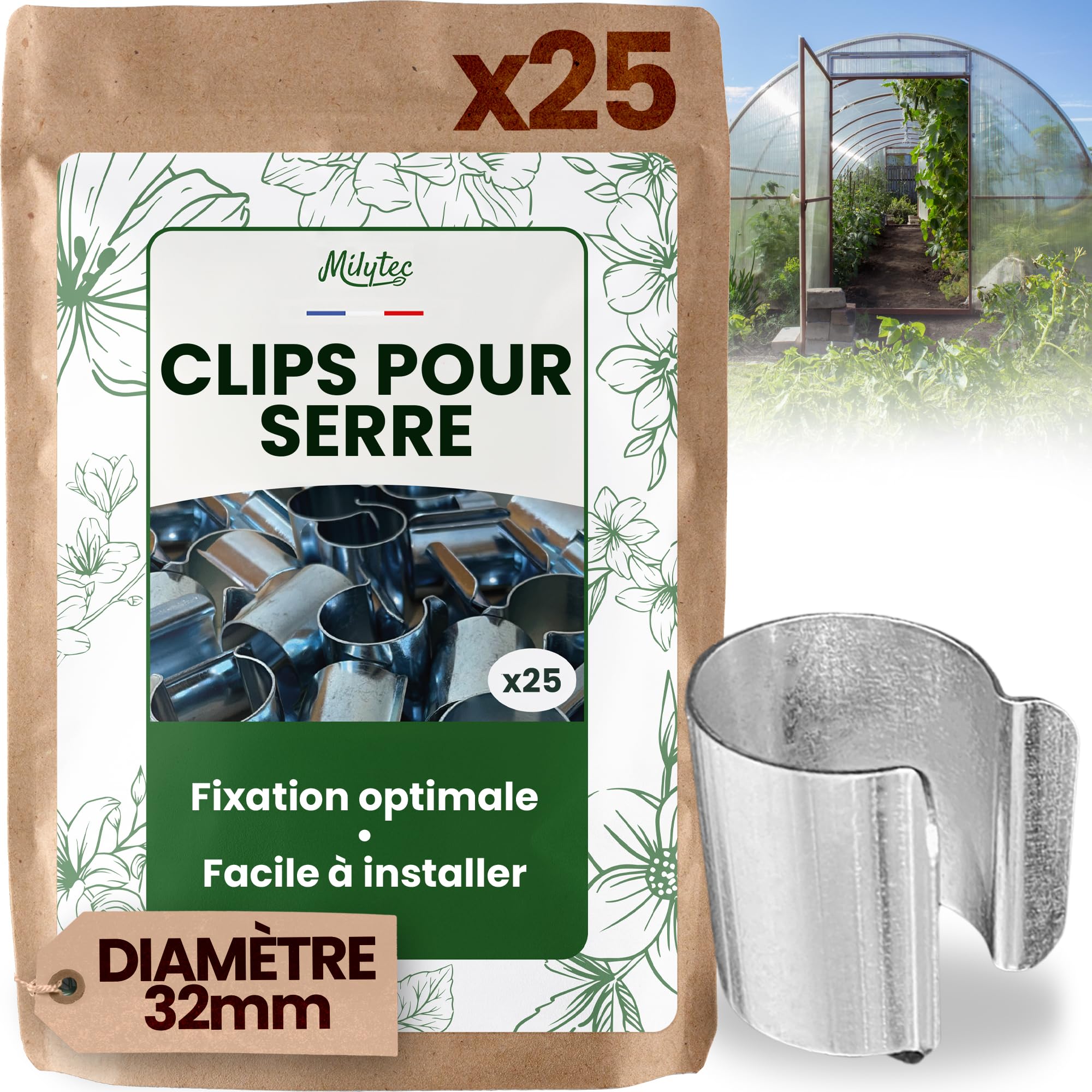 Lot de 25 Clips pour Serre Diamètre 32mm en Acier galvanisé, Clips de Fixation en Métal pour Bâche de Serre Tunnel pour Jardin, Protection semis et Plantations, Résistance au Vent et Tempêtes
