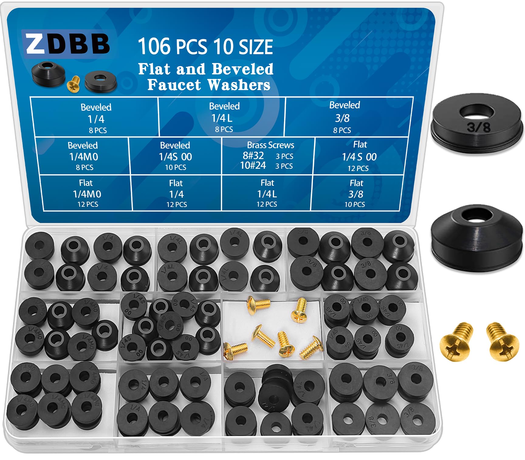 ZDBB 106 pcs Flat and Beveled Faucet Washers and Brass Bibb Screws Assortment for Use with Assorted Quick-Opening Style Faucets Stem Worn Out Washer Replacements Black