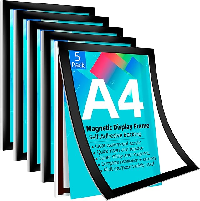 VAIIGO A4 Self Adhesive Magnetic Display Frame, Acrylic Poster Menu Sign Holder, Magnetic Paper Holder for Wall, Glass, Door, Fridge, Home, Office, Store (Black, 5Pack )