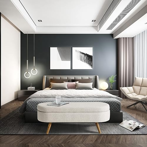 Miniatura 7 de Yoglad Banco de almacenamiento tapizado de lino con patas de madera de goma, taburete auxiliar de cama de 43.5 pulgadas de largo, banco otomano