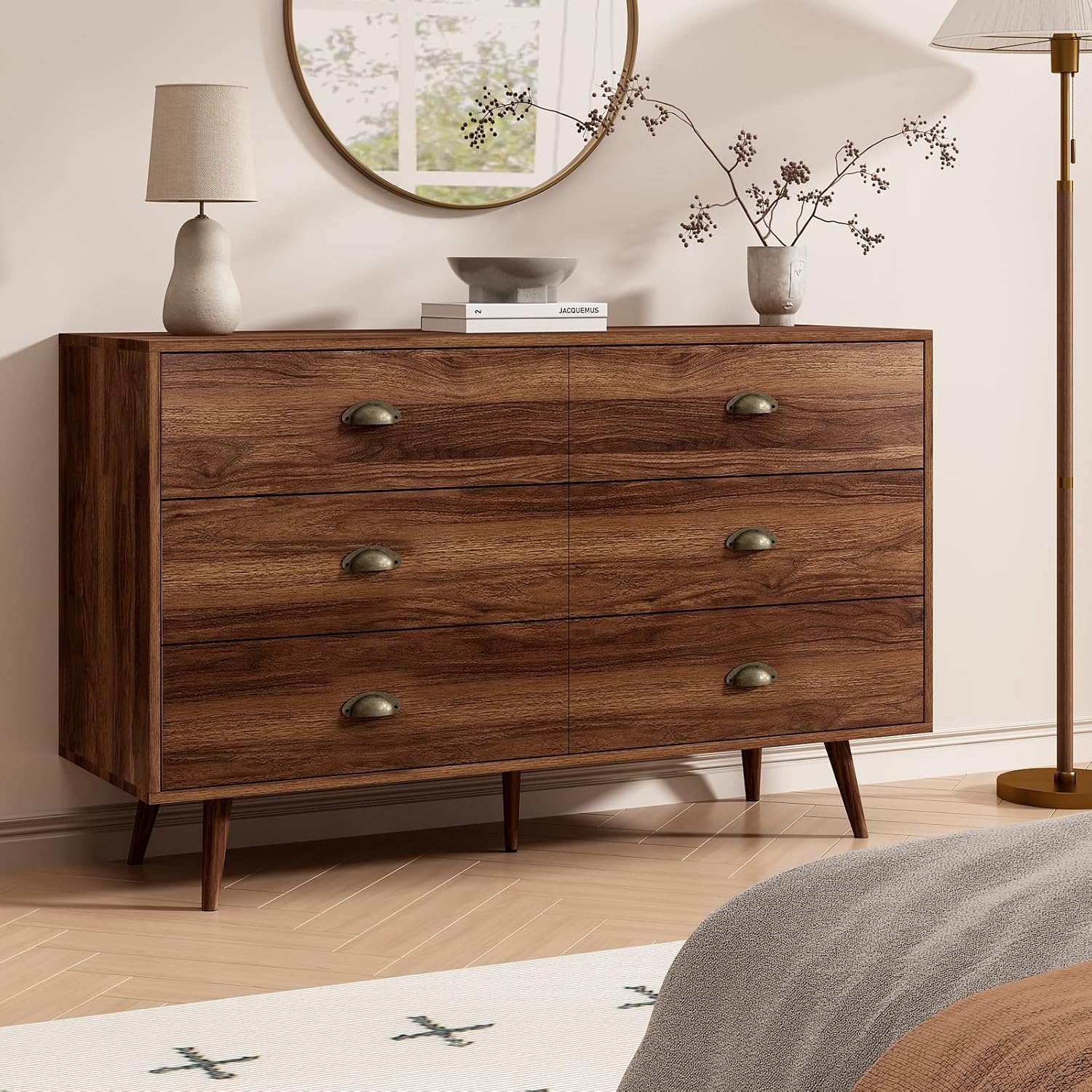 CARPETNAL Walnut Brown Dresser for Bedroom, 6 Drawer Dresser with Wide Drawers and Metal Knob, Wood Dressers & Chest of Hallway, Entryway. - Image 3
