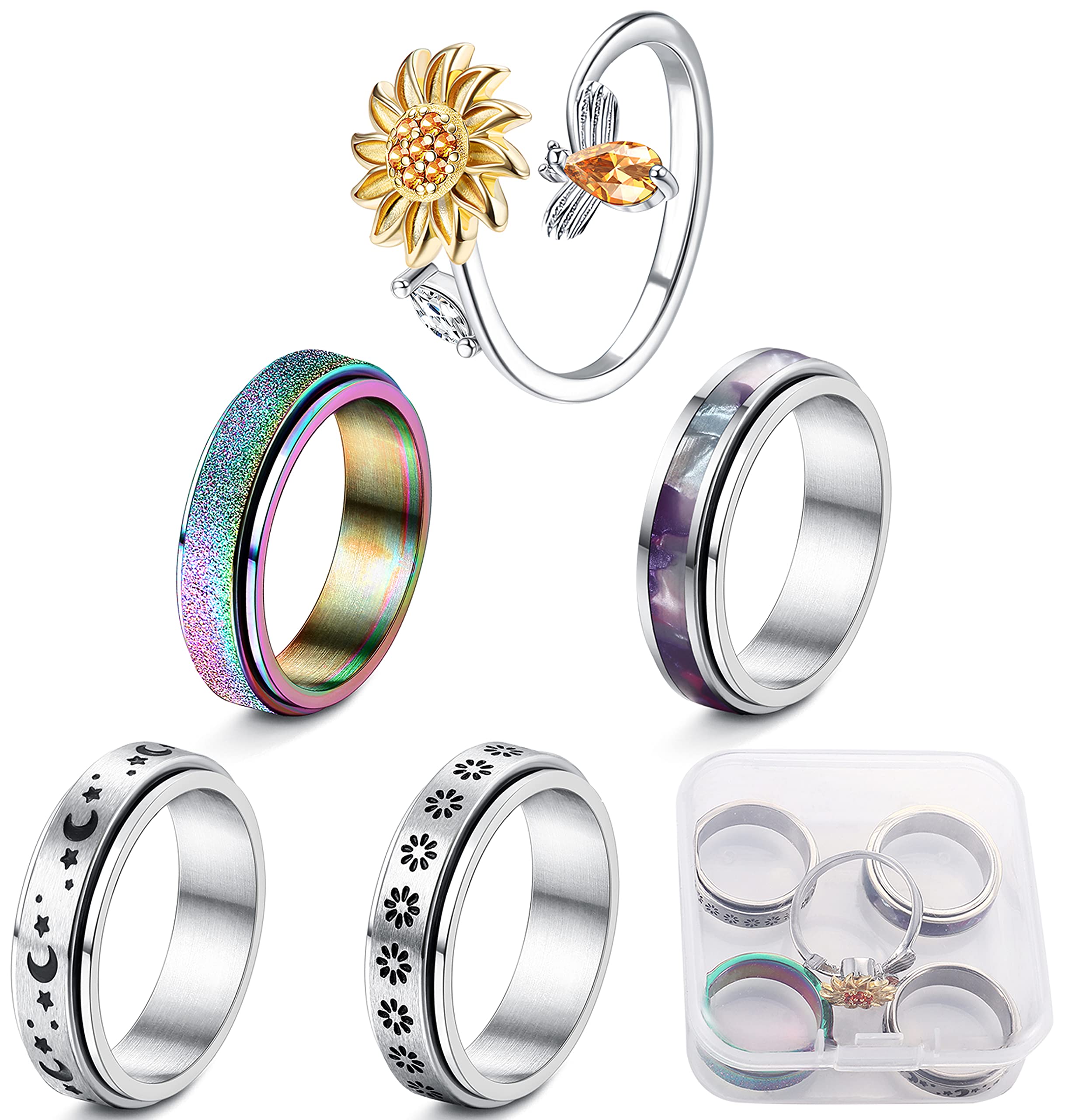 Kakonia Fidget Rings for Anxiety for Women Anxiety Rings Fidget Spinner Ring Aniexty Stress Relief Ring Set with Clear Box