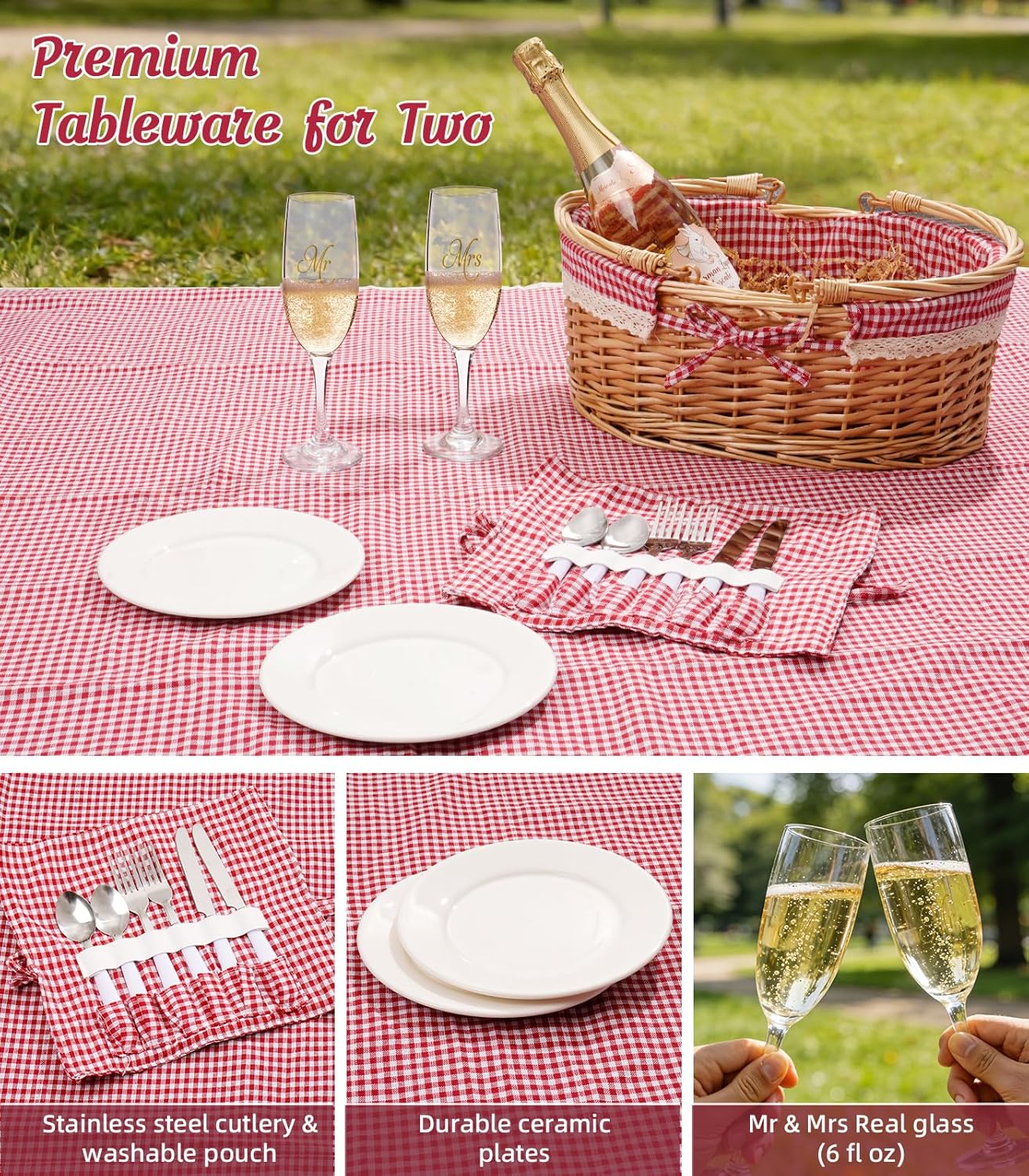 Wedding Gift Picnic Basket for 2 with Waterproof Blanket, Plates, Cutlery Mr and Mrs Glasses, Oval Wicker Hamper with Red Gingham Liner for Engagement, Bridal Shower and Anniversary Dates