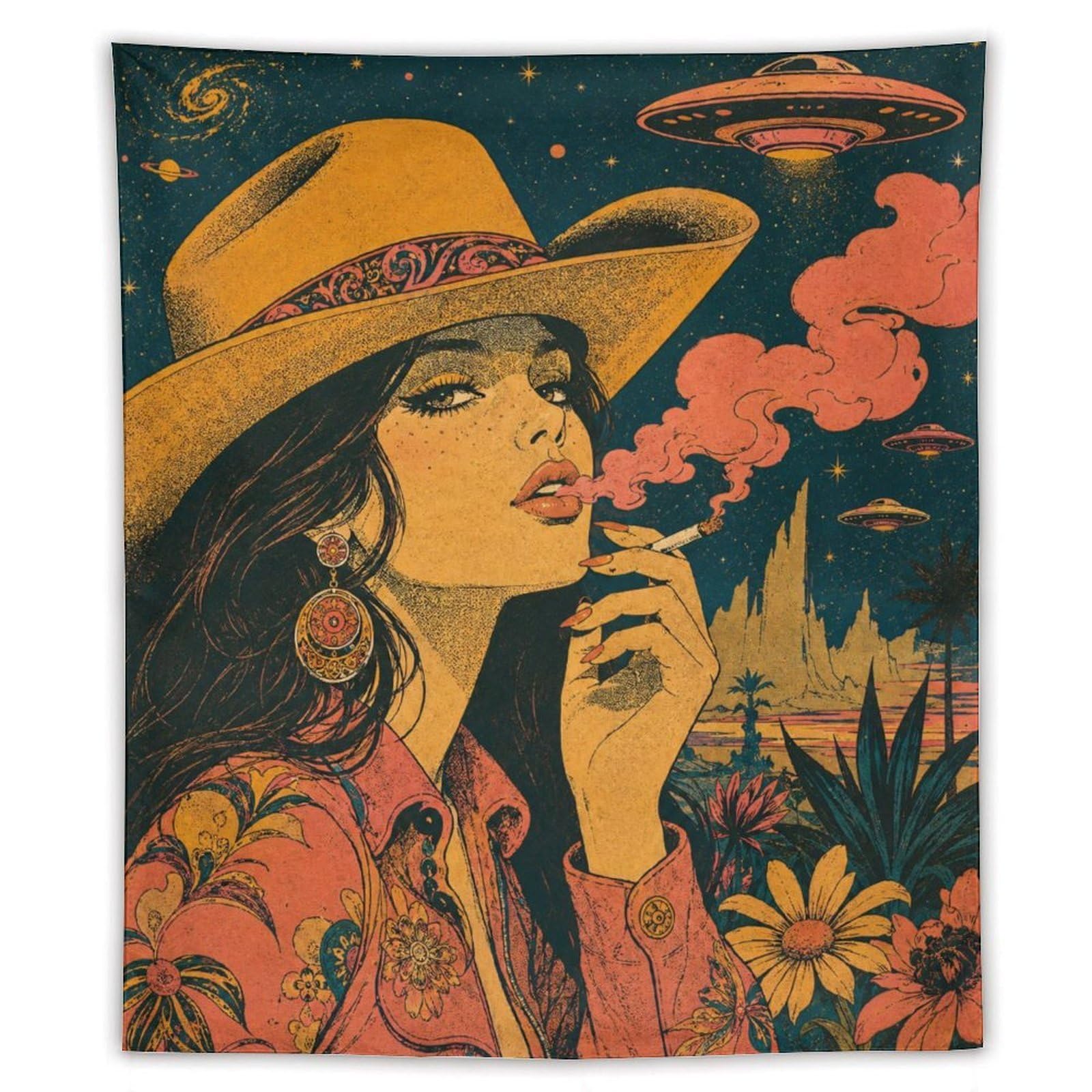 W7C8U2X3 Cowgirl with UFO Wall Tapestry, Vintage Poster, College Dorm