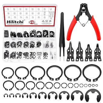Hilitchi 312Pcs Snap Rings Assortment Kit Manganese Steel C-Clip External Retaining Rings (M4-M28)+ E-Clip External Retaining Ring Assortment Set(1.5mm-10mm) + Snap Ring Plier Set + Tweezer