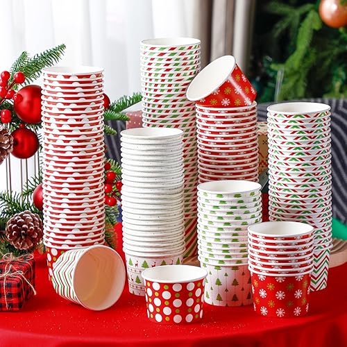 Miniatura 4 de Cuencos desechables de postre de Navidad, de 9 onzas, cuencos de papel de Navidad para golosinas de Navidad, tazones de helado a rayas con copos de