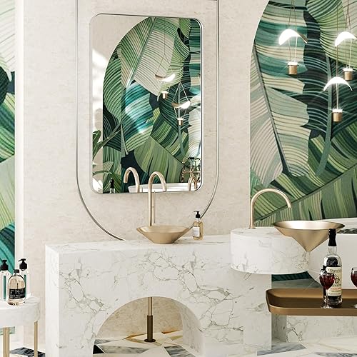 Miniatura 6 de QueenFun - Espejo de baño de 24x36 pulgadas con marco de níquel cepillado para pared, espejo moderno con marco rectangular redondeado para tocador