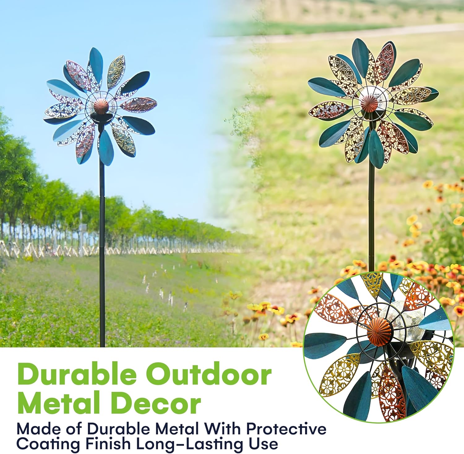 SteadyDoggie 75 Inch Wind Spinners Arabesque - Solar-Powered with Multi-Color LED Glass Ball - Metal Kinetic Wind Spinner for Dual Wind Direction - Easy to Assemble Outdoor Yard Decorations