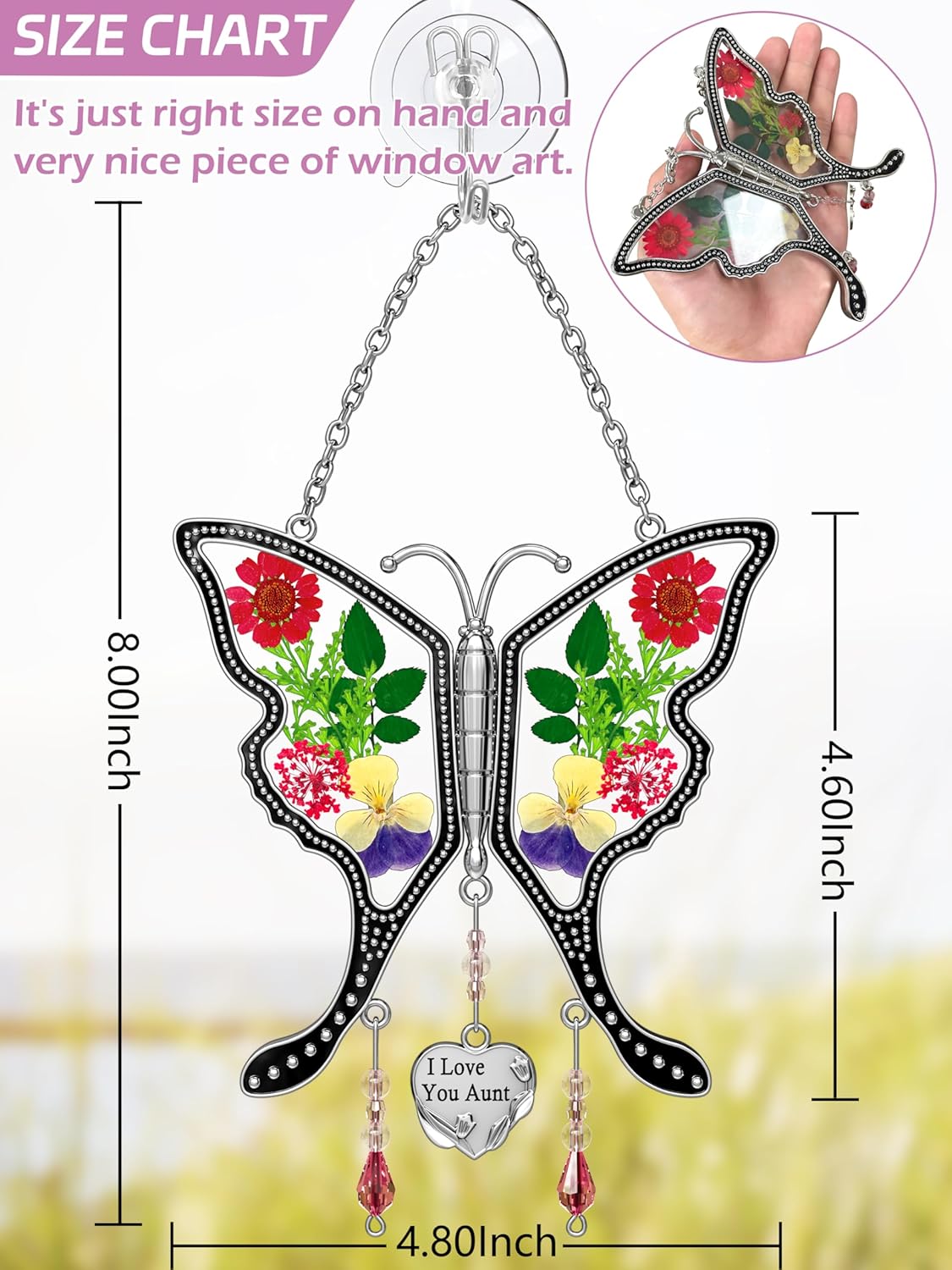 KY&BOSAM Butterfly Suncatcher I Love You Aunt Stained Glass for Windows Wind Chimes with Pressed Real Flowers Wings and a Heart Charm Home Decor Birthday Gifts for Aunt Mother`s Day Christmas