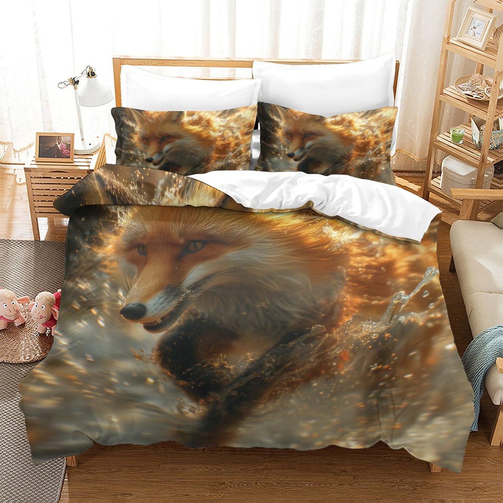Parure de lit 3D sans repassage en microfibre douce motif renard pour lit 2 personnes