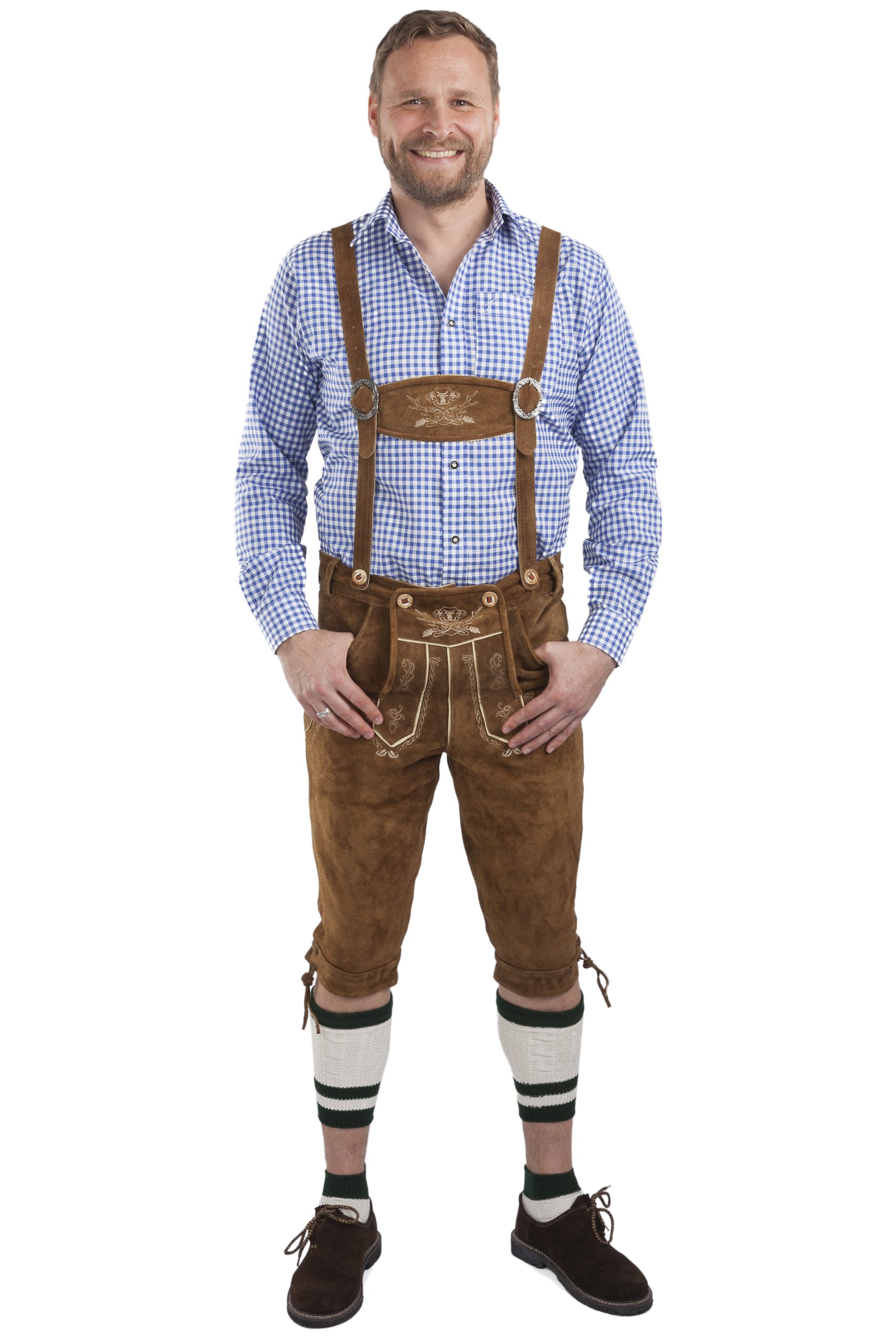 Schöneberger Trachten Collare al Ginocchio Lederhosen Uomo - Pantaloni in Pelle Trachten Hop e Marrone Malto - Hopfen & Malz