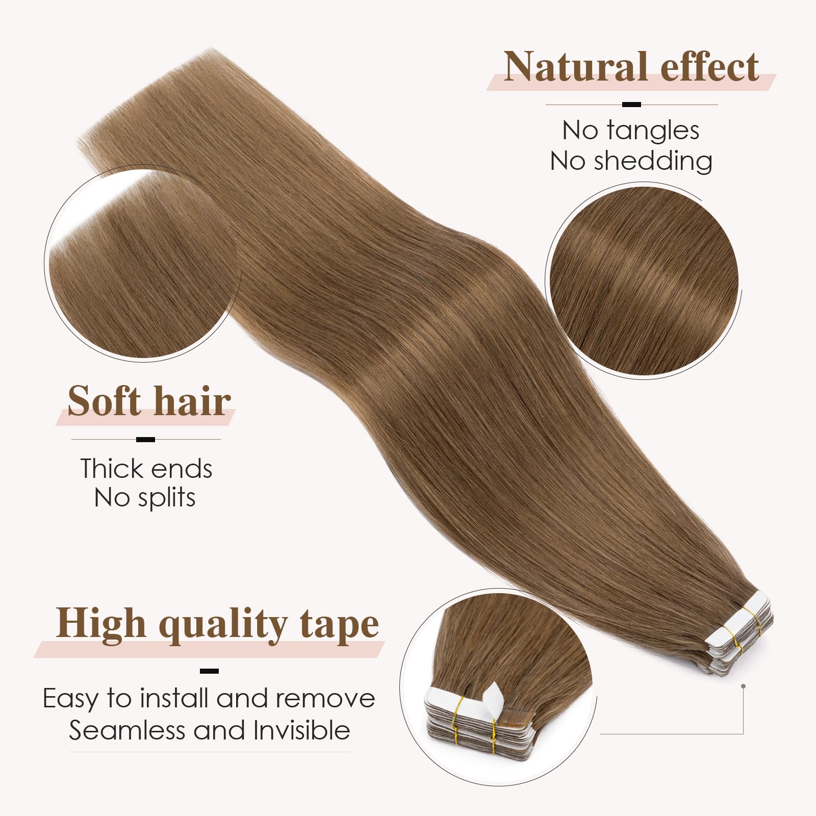 TESS Tape in Hair Extensions Human Hair 10 PCS #06 Light Brown - 18 Inch Seamless Invisible Real Hair Extension Straight 25g - Image 2