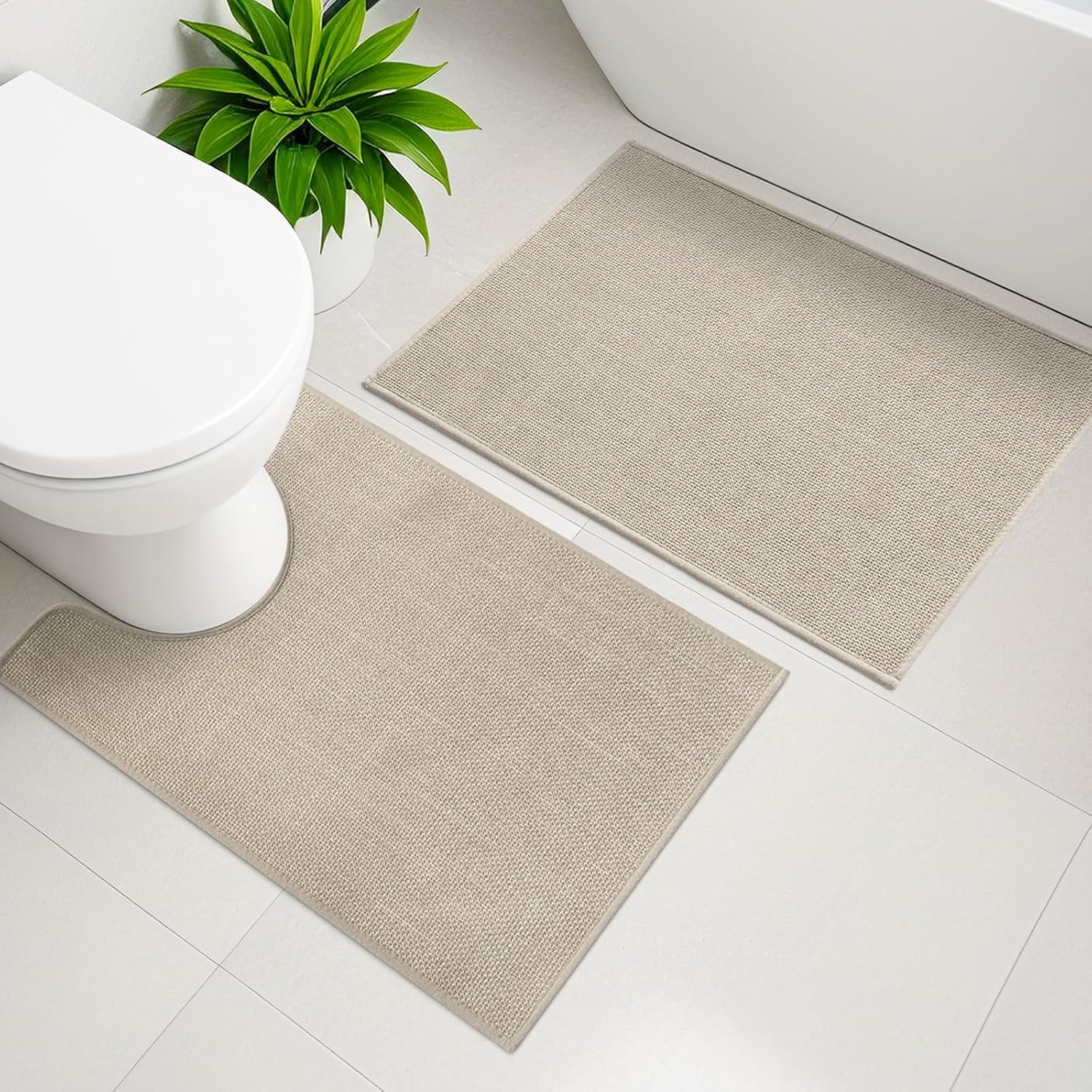 YIHOUSE Beige Bathroom Rug Sets 2 Piece, Bathroom Mat Quick Dry, Thin Bath Rug Set,Absorbent Bath Mat for Bathroom Non Slip Washable for Toilet and Floor(17.5"x24"U+17"x24")