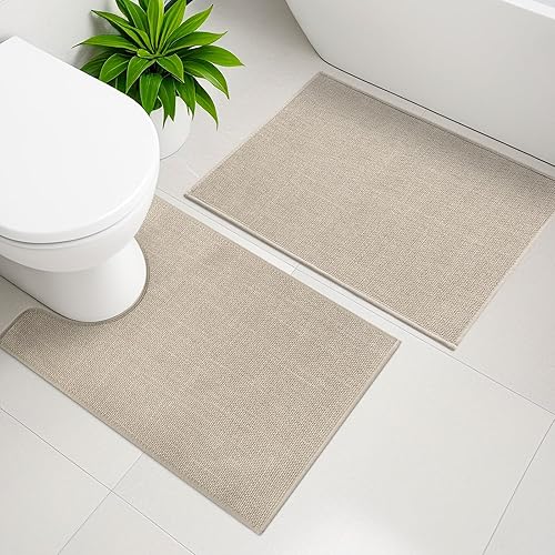 Miniatura 14 de YIHOUSE Juego de 2 alfombras de baño color beige, de secado rápido, delgadas, absorbentes, antideslizantes, lavables para inodoro y suelo