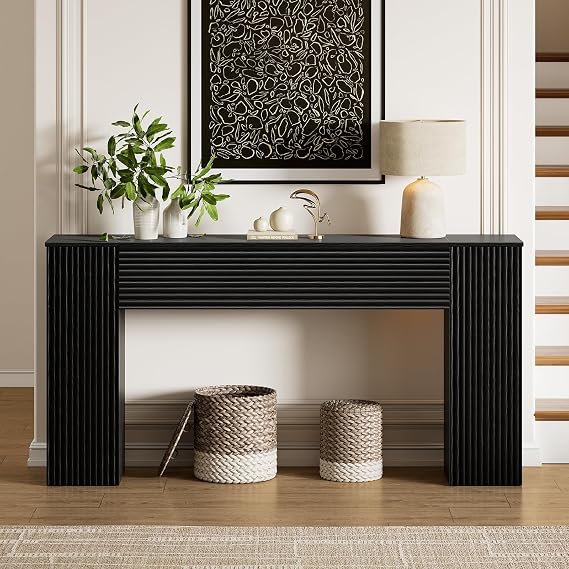 155cm Black Fluted Narrow Console Table with Storage Cabinets