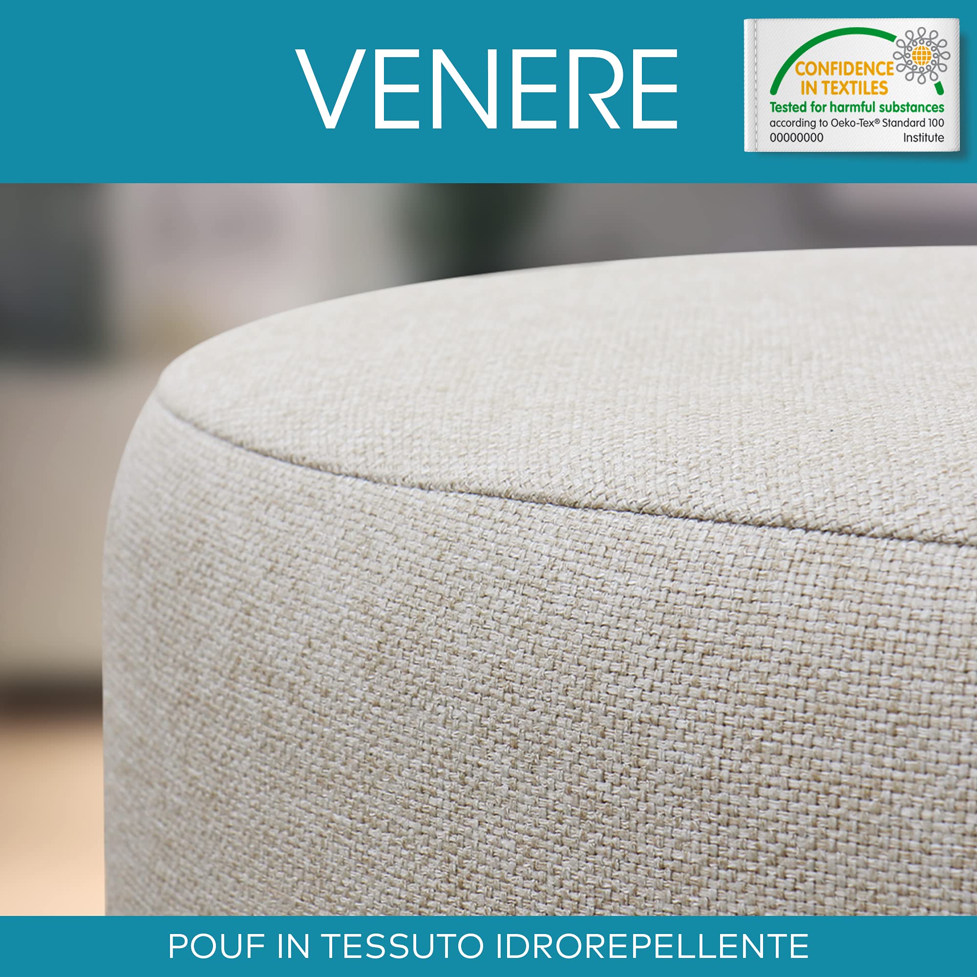Deshome Pouf hocker Fußstütze runden Ø 50 cm Wasserabweisender Stoff: Modernes Design Pouf für Sofa Wohnzimmer Schlafzimmer, Puff hocker, Pouffe Venere Cremeweiße