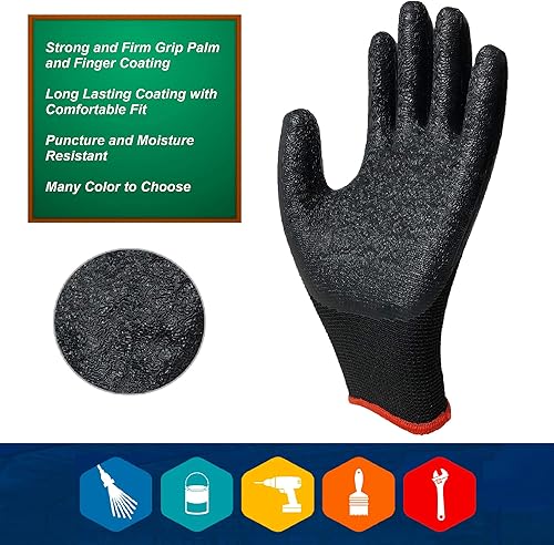 Miniatura 3 de Guantes de trabajo de seguridad con revestimiento de látex, paquete de 8 pares, color negro, XL