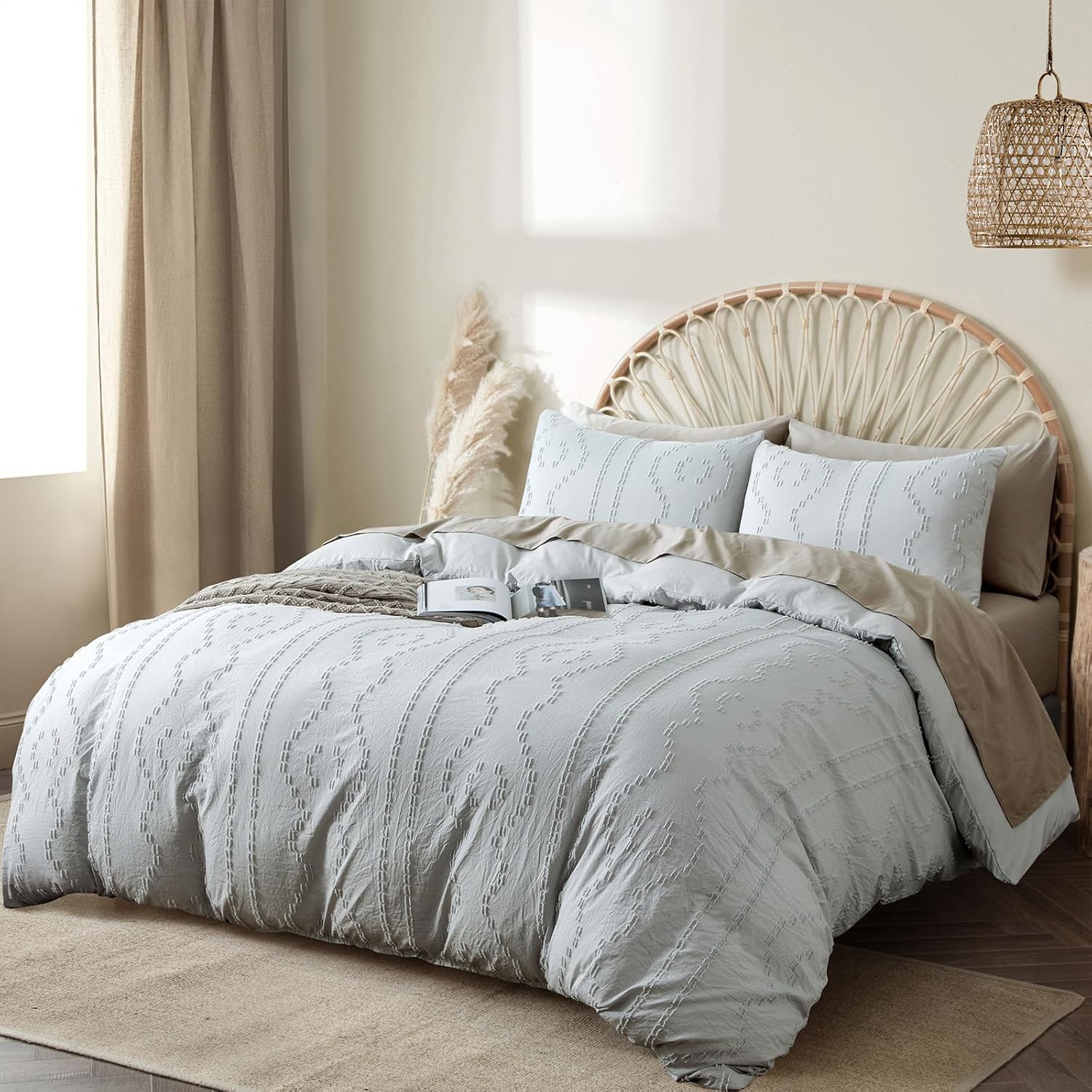 Duvet Cover Queen, 3PCS Boho Duvet Cover Set, Geometric Pattern Tufted Bohemian Comforter Cover Jacquard Knit Textured Bedding Set with Zipper Closure (Light Grey)