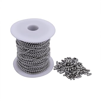 HFSR Ball Chain Spool Stainless Steel 304 Bead Chain with 100 Clasps for DIY Projects 100 Feet 3/32" 2.4mm Diameter