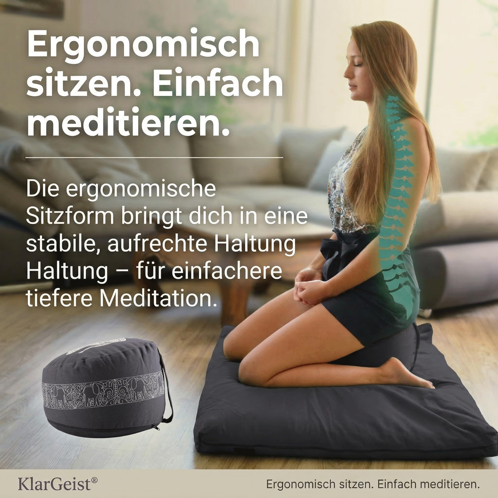 Ergo - Cuscino ergonomico da meditazione, cuscino rotondo per yoga e yoga, cuscino rotondo da pavimento, Zafu con gusci di grano saraceno, cuscino da meditazione, elefante, antracite