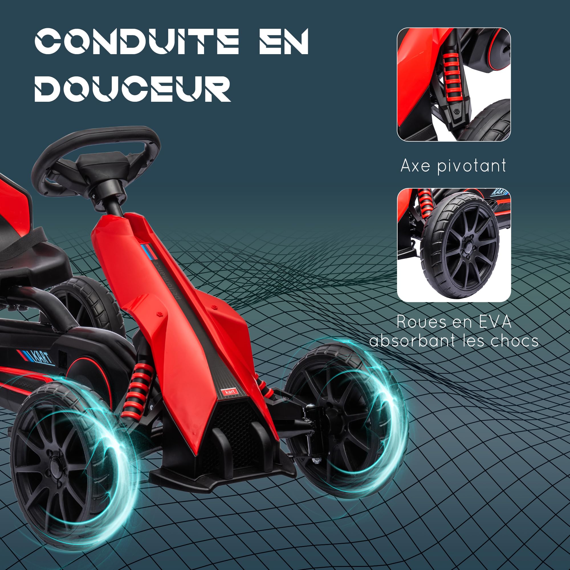 HOMCOM Kart na pedały dla dzieci, go-Kart z regulowanym siedziskiem 4-pozycyjnym, ciche koła EVA, 100 x 58 x 58,5 cm, rower i pojazd dziecięcy, czerwony i czarny