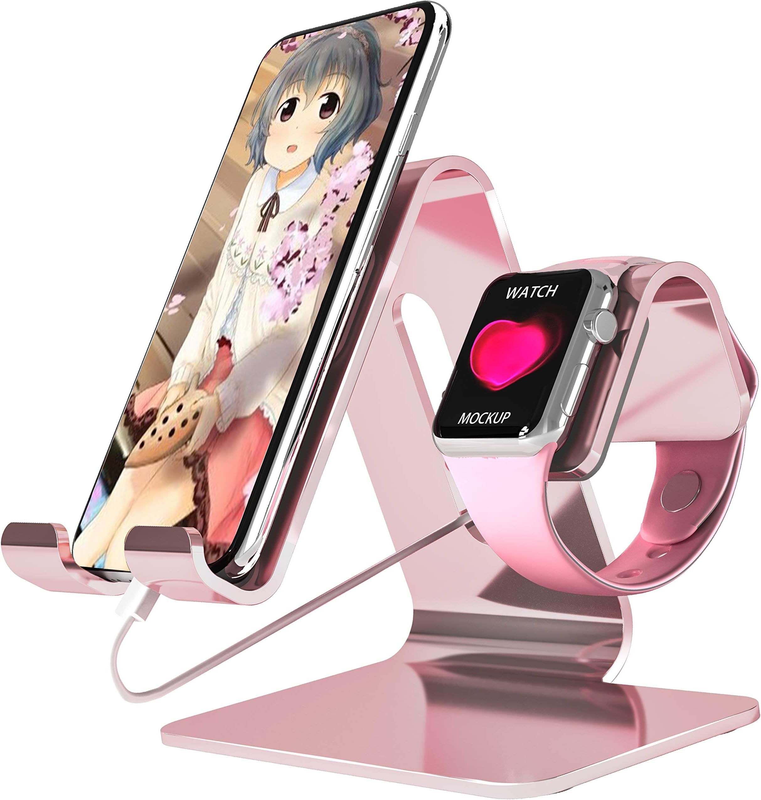 Nalostyle Cell Phone Stand Compatible with Apple Watch Stand Phone Holder 2 in 1 Aluminum Desktop Stand Charger Station Dock for Phone and Watch SE/6/5/4/3/2/1(38-44mm ),Tablet(Up to 12.9")-Rose Gold