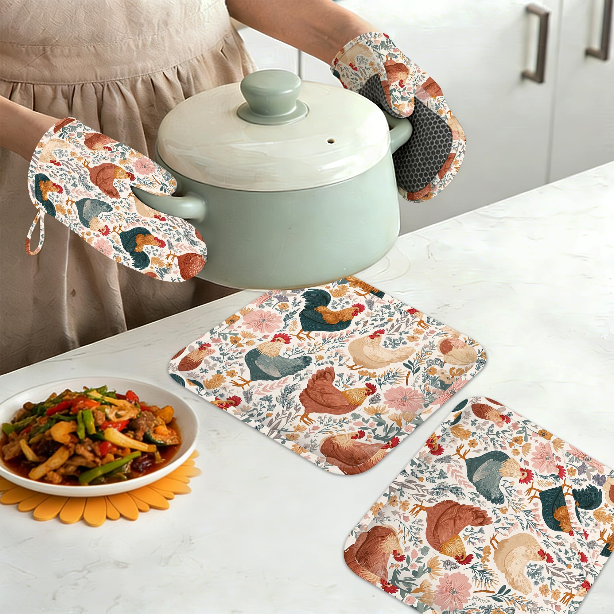 Juego de 4 manoplas de horno y soportes para ollas, resistentes al calor, antideslizantes, para plantas, almohadillas calientes, regalos de cocina para mujeres, panaderas, amantes de la cocina