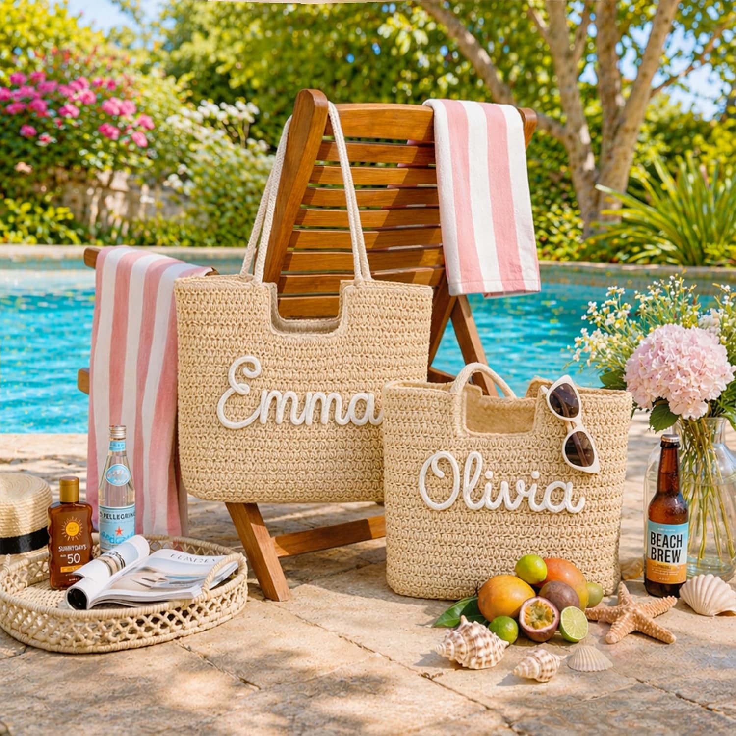Personalized Straw Beach Tote Bag for Women - Custom Name Woven Handbag with 3D Yarn & Crochet Flower, Summer Vacation Bag
