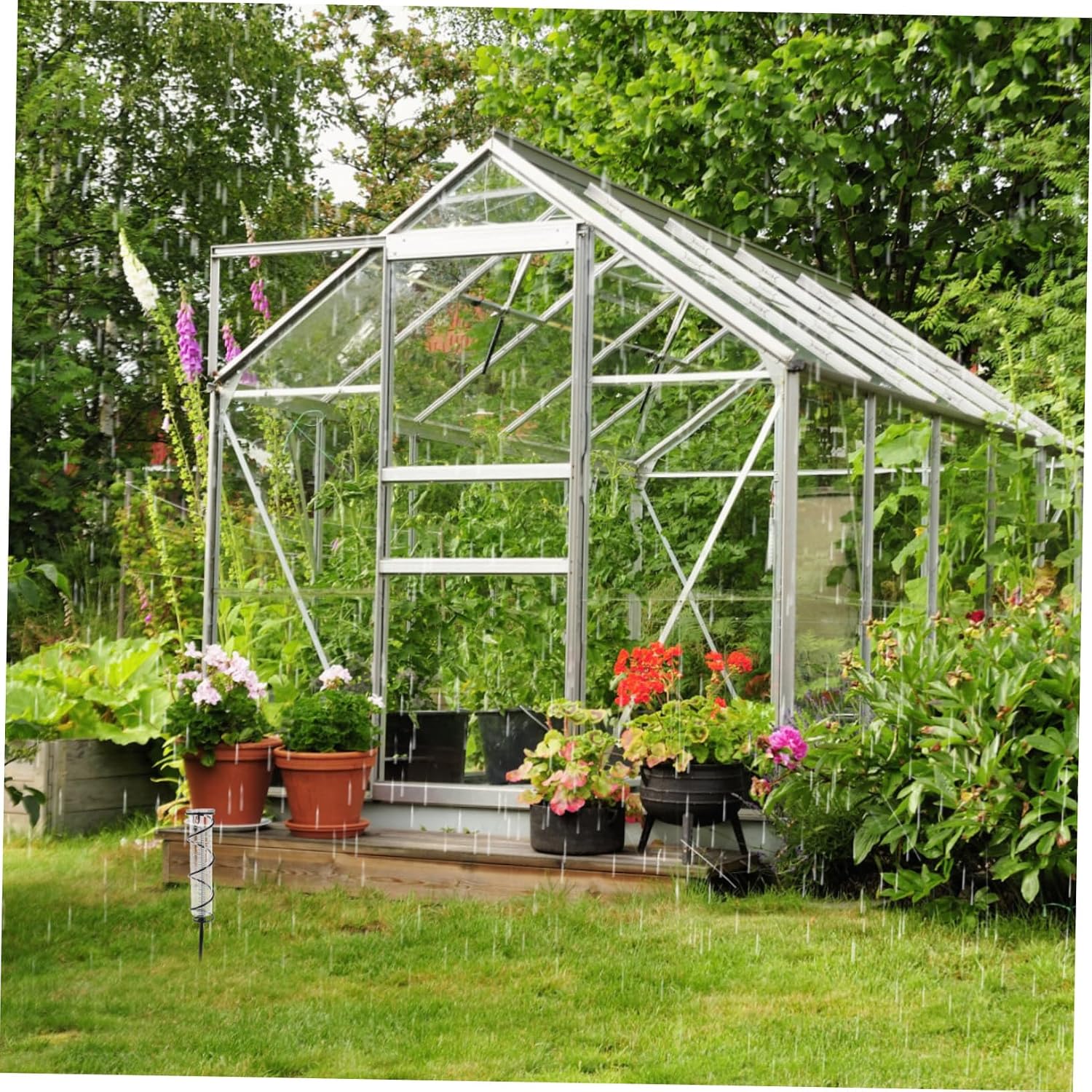 Outdoor Rain Gauge with Iron Flower Stake Transparent Glass Tube Rain Measurer for Garden and Cast Iron Rainfall Collector Unique Decorative Precipitation Measuring Tool