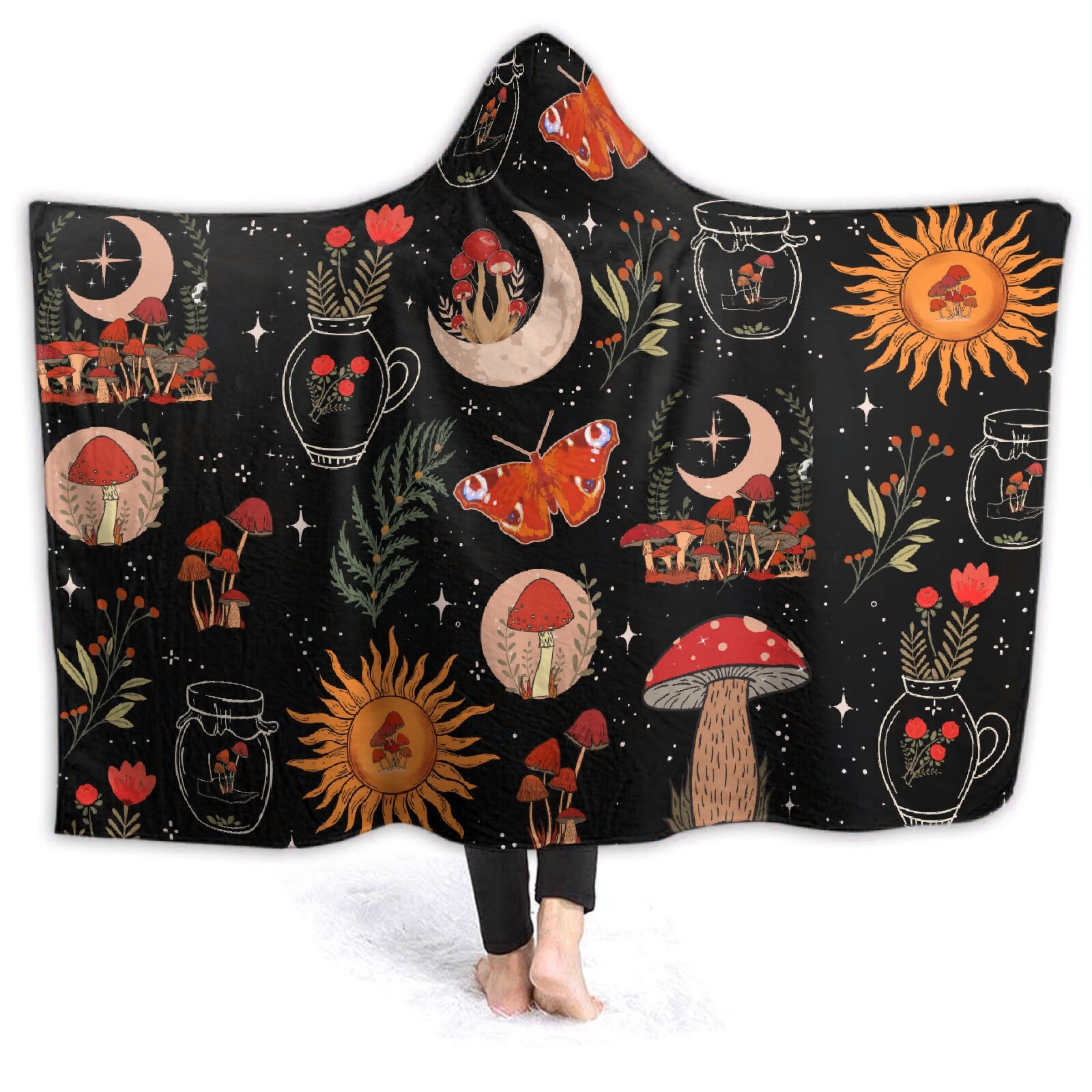 Mushroom Hooded Blanket Mushrooms Gifts for Women Soft Fleece Flannel Mushroom Night Moth Throw Wearable Blanket All Season Plant Blankets for Bed